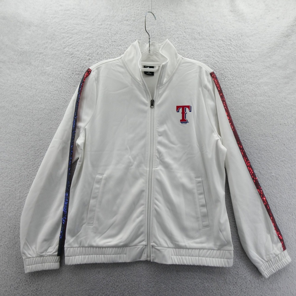 G-III Jacket Women Medium Texas‎ Rangers White Sequin Stripe Vintage MLB Track